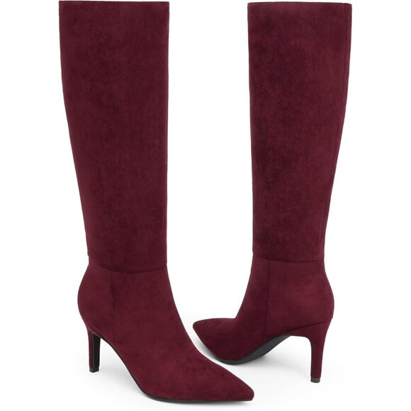 Women Burgundy Suede Faux Leather Pointed Toe Tall Stiletto Zipper Dress Boot - Picture 3 of 8